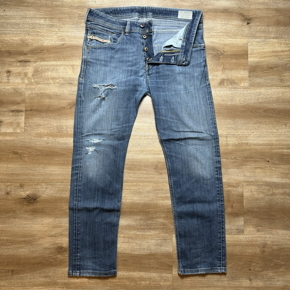 Diesel Belther Jeans Mens 31x29 Blue Regular Slim Tapered Denim Distressed 0814W